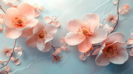 Peach Blossoms Arranged Symmetrically, Soft-Focus Bokeh, Cool Blue Backdrop for Greeting Cards, Home Decor, Advertising, Floral Design