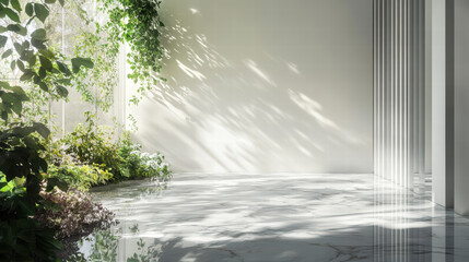 serene garden room featuring marble flooring, illuminated by natural light, with lush greenery and soft shadows creating tranquil atmosphere