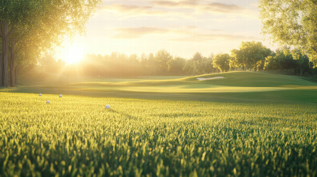 serene golf course scene with lush green grass, golf clubs, and balls under warm sunset. tranquil atmosphere invites relaxation and enjoyment of game