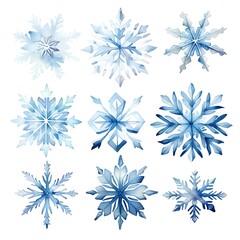 Watercolor Snowflake Collection:  Nine delicate and intricate snowflakes rendered in watercolor, each with its unique design and shades of blue. Perfect for wintery illustrations, greeting cards.
