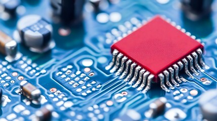 Close-up of a red microchip on a circuit board.