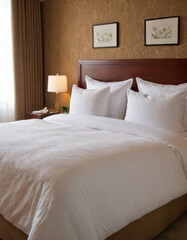 Luxury hotel room, classic bedroom interior. Bed with white plush bedding, wooden furniture