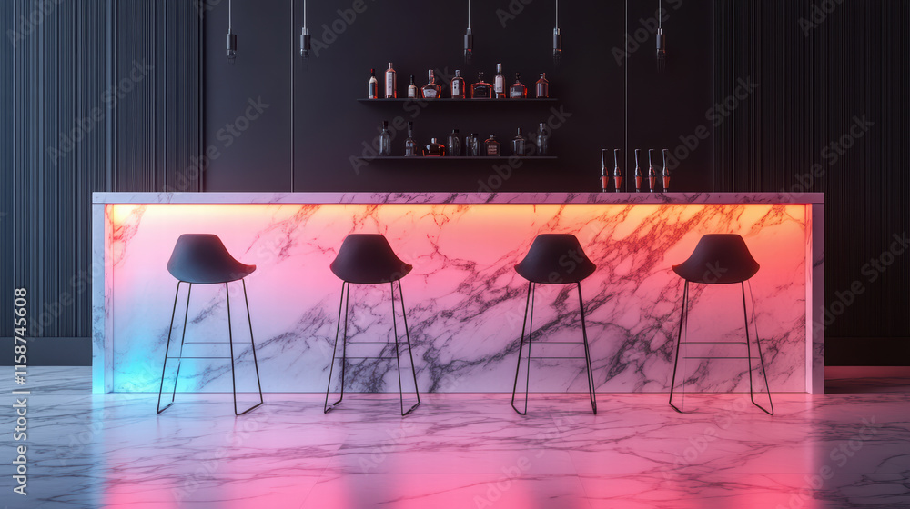 Poster stylish bar area with marble floor and illuminated counter, featuring modern stools and sleek design