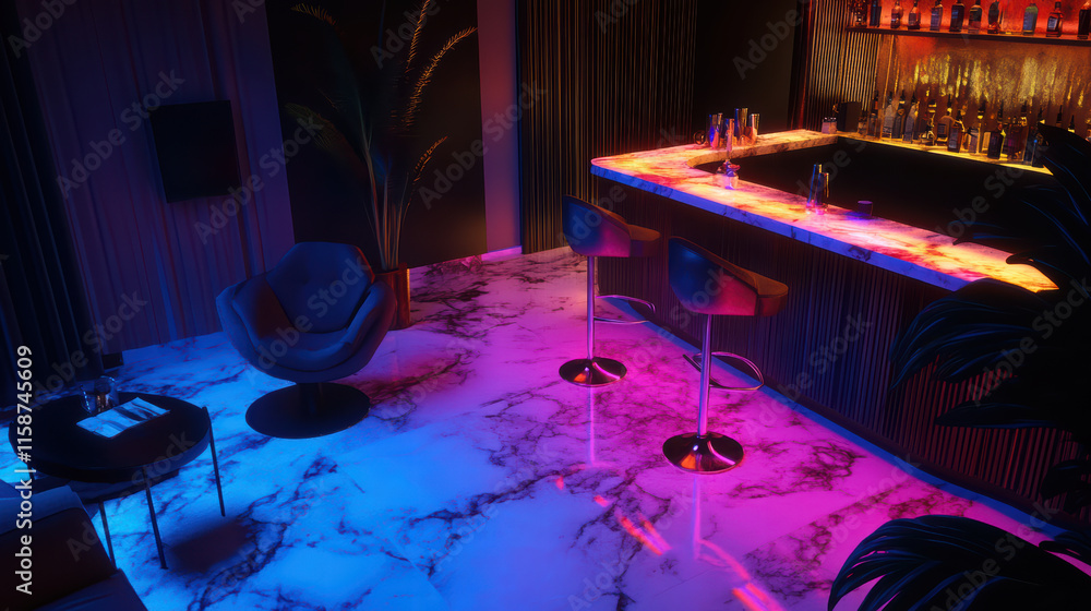 Poster stylish bar area featuring marble floor illuminated by vibrant lighting, creating modern and invitin