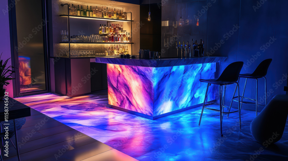 Poster modern bar area featuring vibrant marble floor illuminated by colorful lights, creating lively atmos
