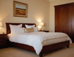 Luxury hotel room, classic bedroom interior. Bed with white plush bedding, wooden furniture