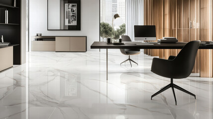 stylish office featuring marble flooring, modern furniture, and large windows. elegant design creates bright and inviting workspace