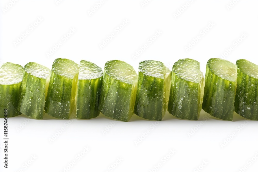 Aufkleber close-up of fresh, green cucumber slices arranged in a row on a white background.