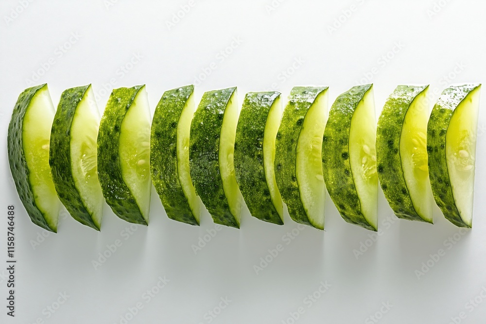 Poster sliced cucumbers arranged in a row on white background. (1)