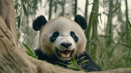 Obraz premium giant panda smiling amidst lush bamboo foliage, showcasing its playful nature and charm. This adorable creature captivates with its expressive face and vibrant surroundings