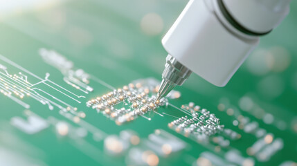 robotic arm placing microscopic components onto green circuit board, showcasing precision and advanced technology in electronics manufacturing