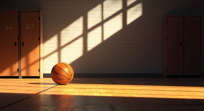 A basketball is placed in a corner on the floor of an empty room. And sunlight is streaming in through the window, which increases the players' interest. And the room is a basketball court.