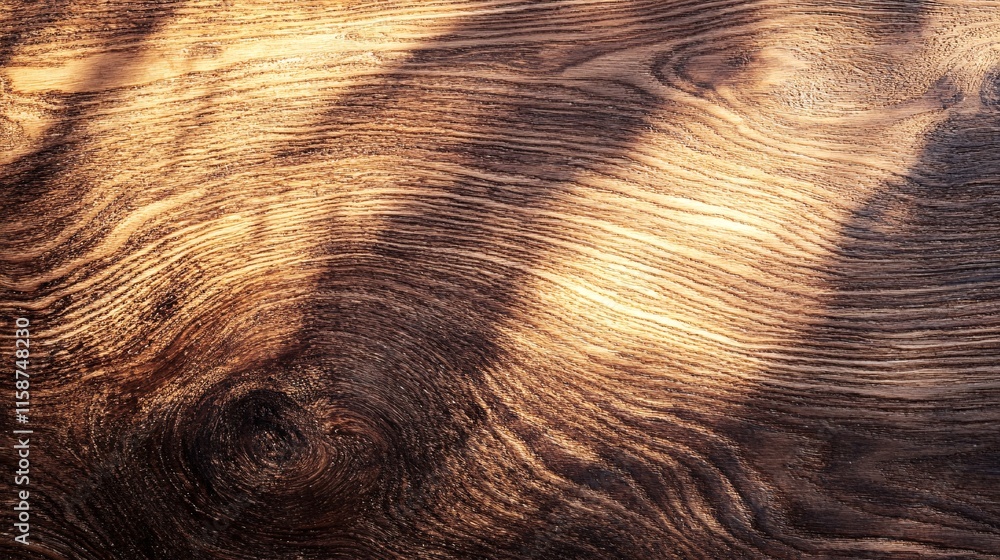 Poster Sunlight filtering through leaves creating shadows on wooden surface