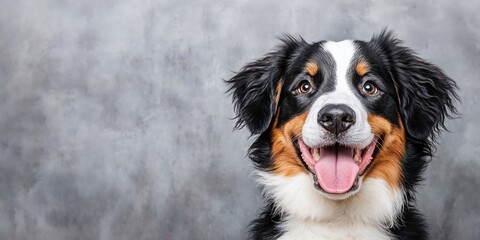 Australian Shepherd close-up portrait showing happy expression. Tri-colored purebred dog with distinctive markings against grey background in professional studio photograph. 8k with copy space
