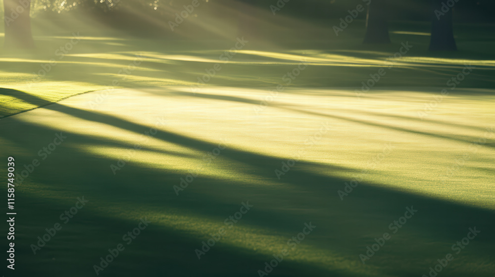 Poster serene view of golf course with soft shadows and lush green grass, creating tranquil atmosphere perf