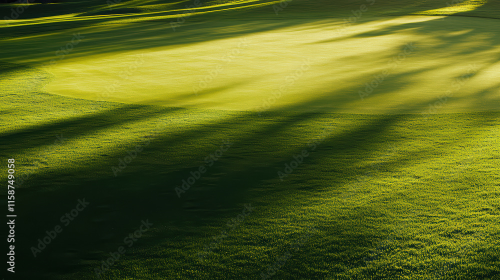Poster pristine green golf course with soft shadows creating serene atmosphere. lush grass invites players 