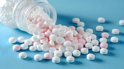 White and pink pills spilling from an open medicine bottle on a blue background
