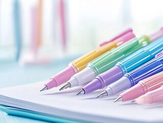 Fototapeta premium Row of colorful pencils placed on a lined notebook, ideal for creativity, school, or stationery visuals.