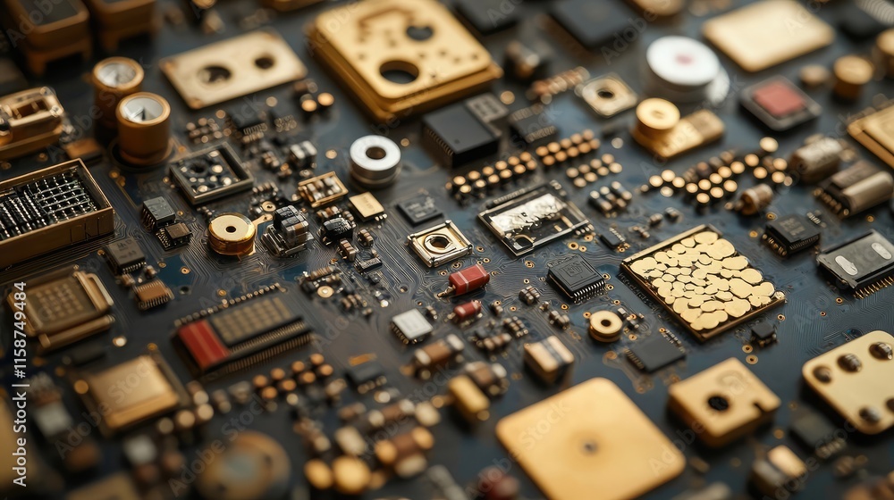Poster a collection of precision-engineered circuit boards neatly arranged, showcasing fine details of comp