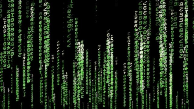 Vertical falling binary row. Green matrix code raining. Cinematic motion Wallpaper.