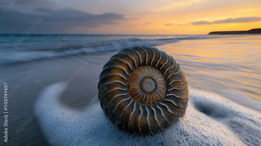 Poster fossilized ammonite shell on quiet beach at sunset with gentle waves