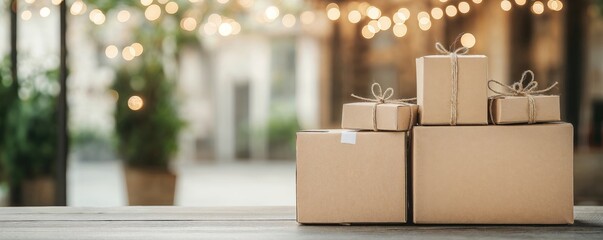 Kraft paper packages and gift boxes stacked on wooden surface with bokeh string lights background. Holiday shipping, ecommerce delivery concept with copy space. 8k banner