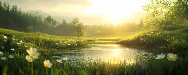 Fototapeta premium Golden sunrise illuminating tranquil pond in idyllic meadow