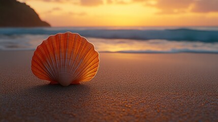 Seashell on sandy beach at sunrise.