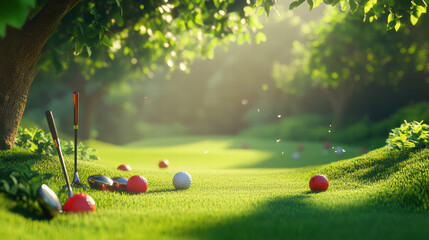 serene golf course scene with clubs and colorful balls scattered on lush green grass, illuminated by soft morning light, creating peaceful atmosphere