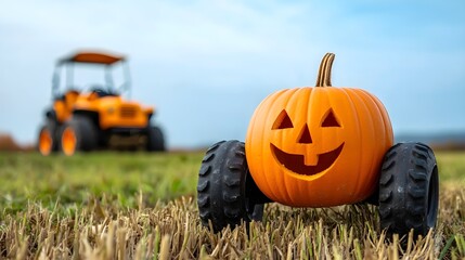 Obraz premium Halloween Pumpkin with Smile on Toy Tractor in Autumn Field