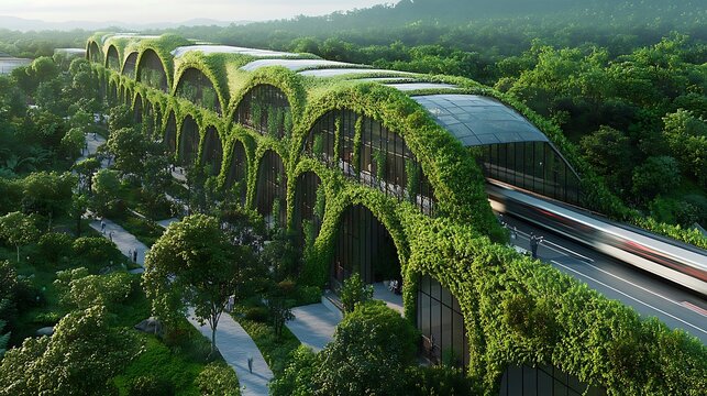 Eco-friendly train station with lush green vegetation covering arched roof and alongside tracks.