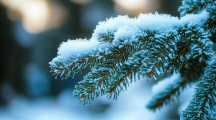 Evergreen branch with thick snow on its needles,
