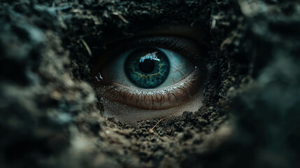 Obraz premium Haunting Eye Peering Through Small Opening in Dark Earthy Background
