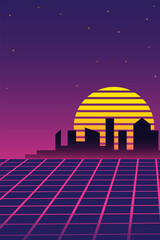 Retro futuristic vaporwave cityscape with neon grid, silhouetted skyline, and striped sunset under starry sky. Nostalgia vertical abstract vector poster with copy space