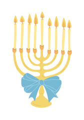Golden menorah with nine lit candles and decorative blue bow, symbolizing Hanukkah celebration. Vector hand drawn drawing isolated on white background