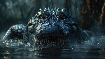 Fototapeta premium Large reptile hunting in murky waters during a rainy evening in a dense swamp