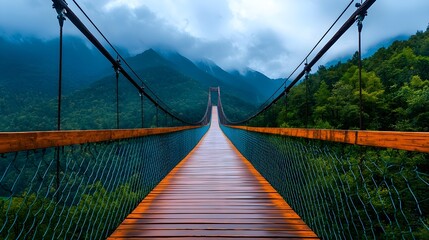 Obraz premium Misty Suspension Bridge in a Lush Mountain Landscape