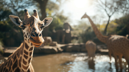 Fototapeta premium close up of giraffe near water body, with other giraffes in background, showcasing sunny day in natural habitat. scene captures beauty of wildlife