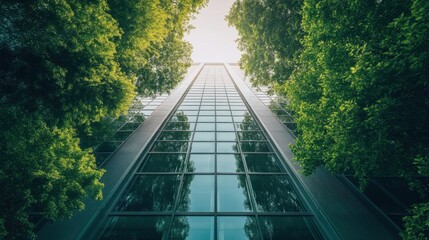 Glass-walled office building surrounded by verdant trees,