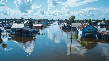 Fototapeta premium Floodwaters inundate a village, houses partially submerged, reflecting the sky.