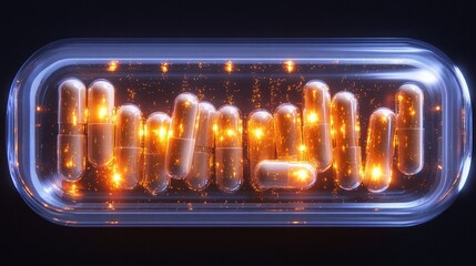 Obraz premium A flat lay of pills inside a clear acrylic case, arranged in a geometric pattern, illuminated from above with diffused lighting, 8k, realistic, full ultra HD, high resolution, cinematic photography