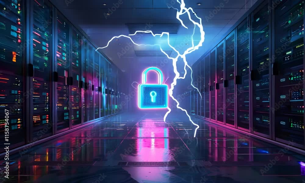 Poster the heart of connectivity: a data center filled with computer cabinets and wires