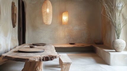 A calming Wabi-Sabi atmosphere with raw textures, live-edge wood furniture, and subtle lighting against stucco walls.