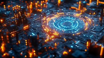 Futuristic glowing circuit board with central circular light.