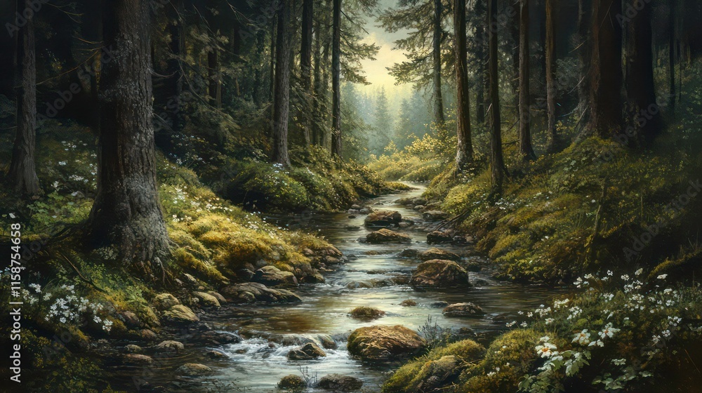 Poster serene forest stream flows through lush greenery, sunlight filtering through dense trees.