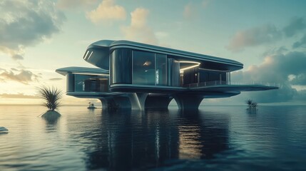 A futuristic 3D house with floating levels connected by sleek metal walkways, surrounded by water,