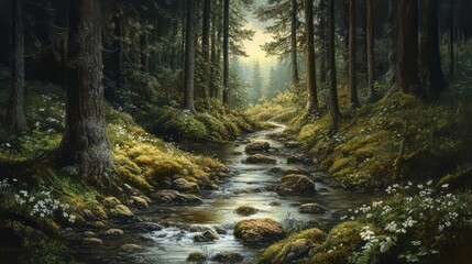 Obraz premium Serene forest stream flows through lush greenery, sunlight filtering through dense trees.