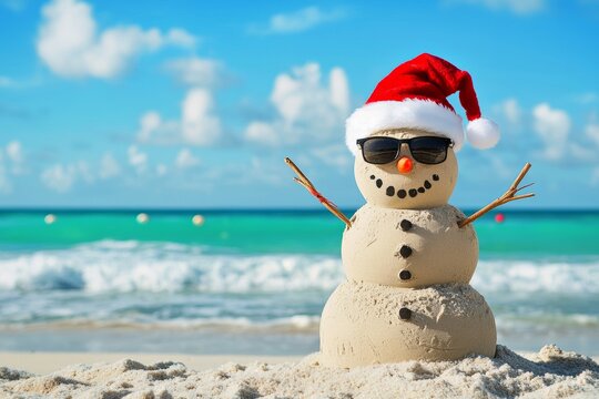 A festive sandman wearing sunglasses and a Santa hat on a sunny tropical beach. Captures the fun blend of holiday spirit and summer vibes for tropical Christmas themes.