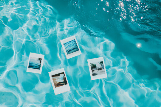 Several Polaroid photographs floating on the surface of a shimmering blue pool. Captures nostalgia, summer vibes, and the beauty of preserving memories in a tranquil setting.