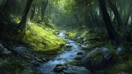 Sunlit stream flows through lush green forest, mossy banks, rocks.